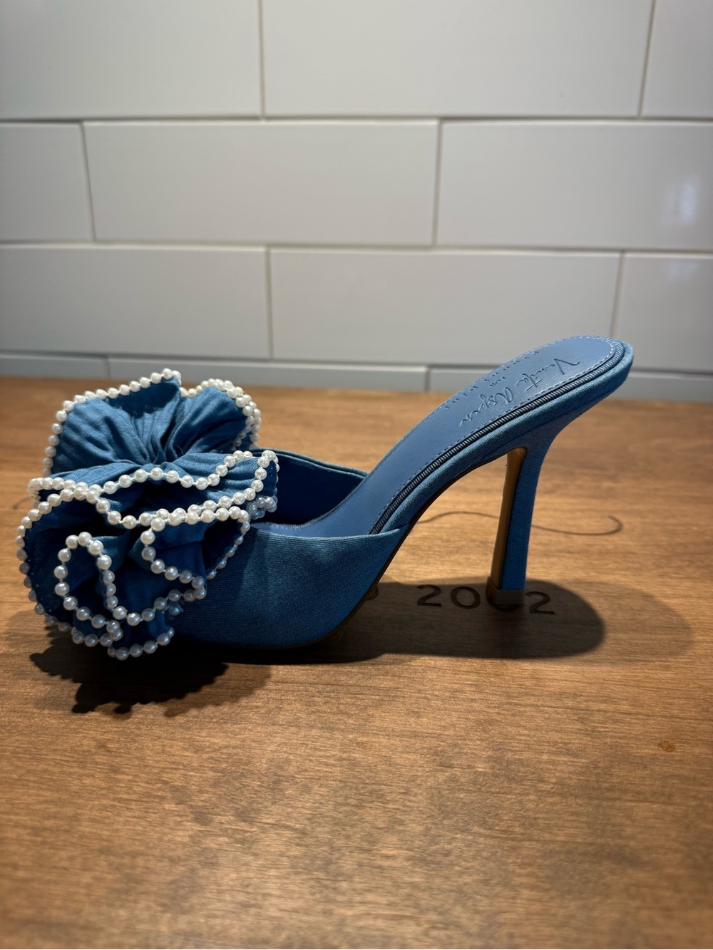 Gianni Bini Blue Pearl-Trim Ruffle Slide Heels - Picture 3 of 6